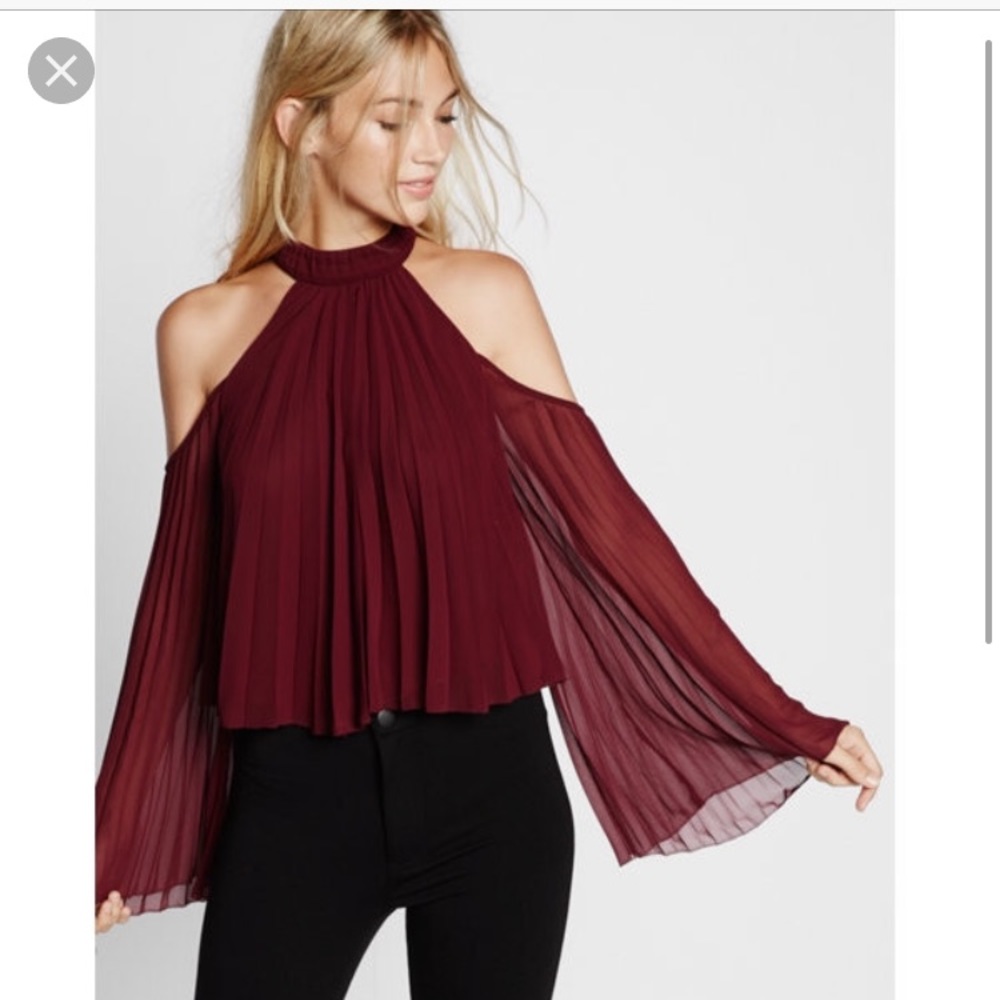 Express high neck pleated cold shoulder blouse